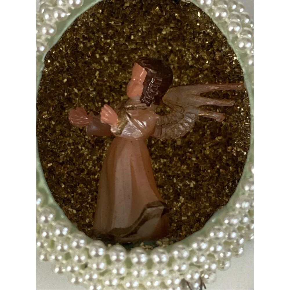 Vintage Christmas Ornament Beaded Diorama w Angel Figure Glitter Prism Holiday